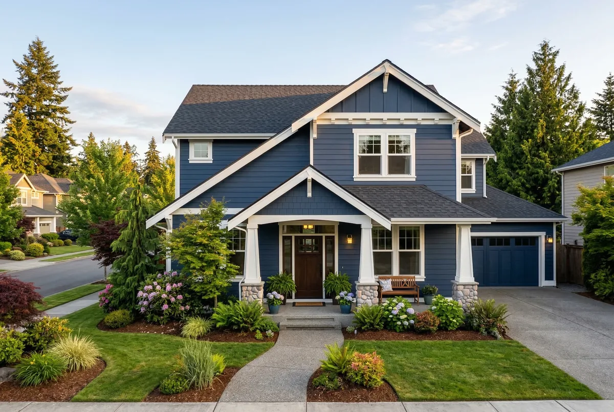 Navy blue craftsman home with new roof and siding in Pierce County, Washington