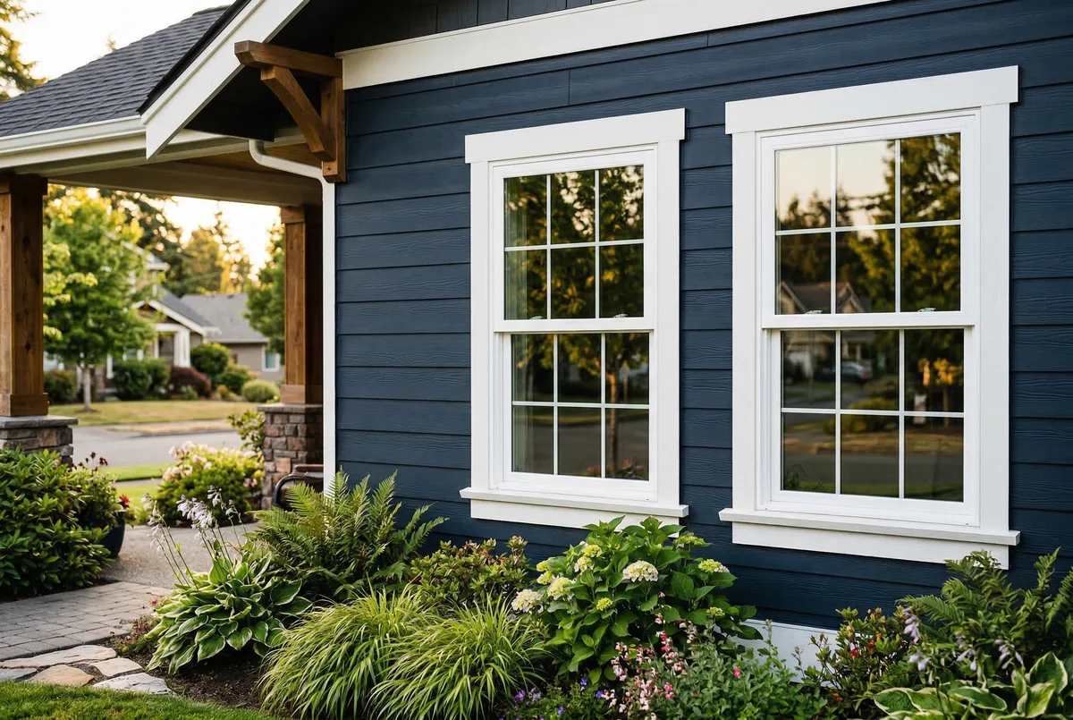 Double-hung replacement windows with white trim on navy craftsman home in Pierce County